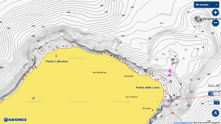 Открыть карту Navionics стоянок яхт между островом Стромболи и скалой Стромболичо