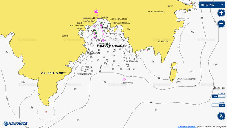 Открыть карту Navionics стоянок яхт в бухте Манганари на юге острова Иос. Киклады. Греция