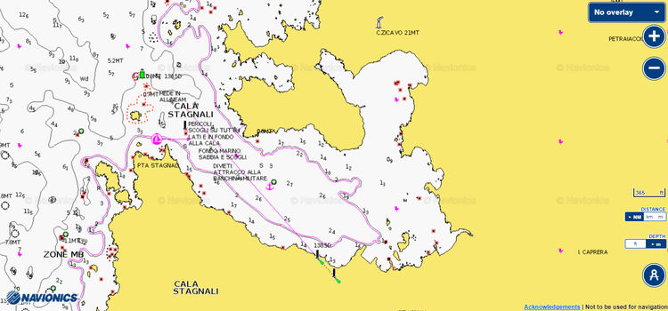 Открыть карту Navionics якорных стоянок яхт в бухте Кала Стагнали. Остров Капрера. Сардиния. Италия