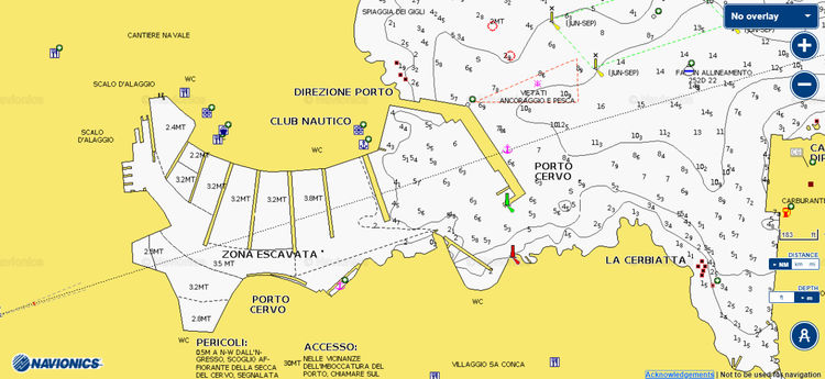 Открыть карту Navionics яхтенных стоянок в марине Порто Черво. Сардиния. Италия