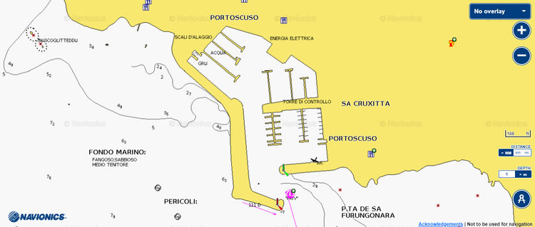 Открыть карту Navionics яхтенных стоянок в марине Портоскузо. Сардиния. Италия