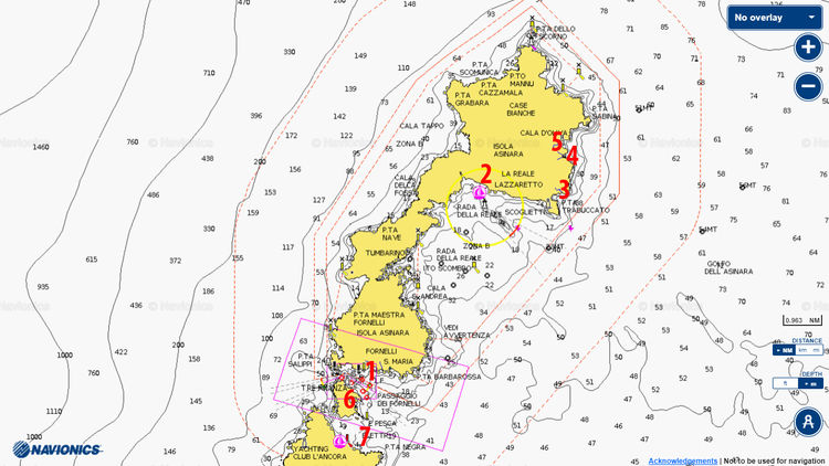Открыть карту Navionics яхтенных стоянок  в Национальном Парке Асинара. Сардиния. Италия