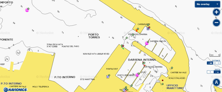 Открыть карту Navionics яхтенных стоянок  в марине Турритана. Сардиния. Италия