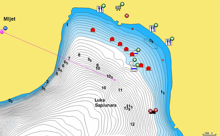 Открыть карту Navionics яхтенных стоянок в бухте Саплунара. Остров Млет.Хорватия