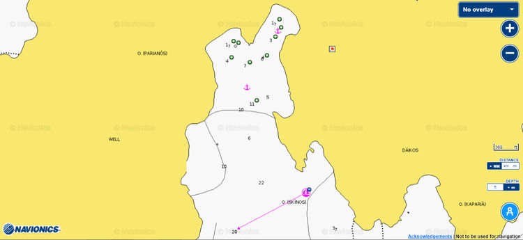 Открыть карту Navionics  якорной стоянки яхт в южной бухте острова Риния. Киклады. Греция