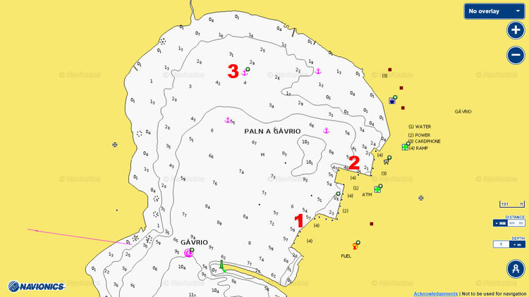 Открыть карту Navionics стоянок яхт в порту Гаврио на острове Андрос. Киклады. Греция