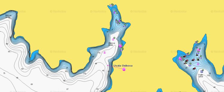 Открыть карту Navionics яхтенных стоянок яхт на буях в бухте Осибова на юго-западном побережье острова Брач. Хорватия
