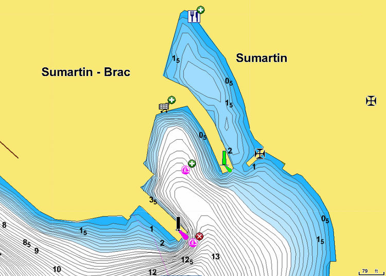 Открыть карту Navionics яхтенных стоянок в порту Сумартин. Остров Брач. Хорватия