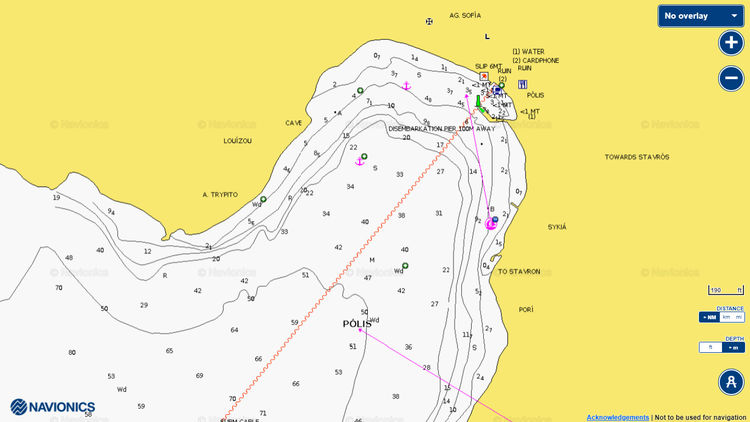 Открыть карту Navionics якорных стоянок яхт в бухте Полис