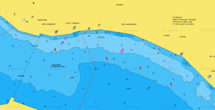 Открыть карту Navionics стоянки яхт у южной набережной Пороса