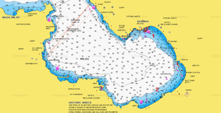 Открыть карту Navionics якорных стоянок яхт в бухте Милу