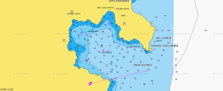 Открыть карту Navionics стоянок яхт в бухте Милопотас на западе острова Иос. Киклады. Греция