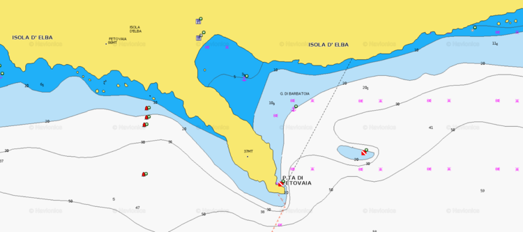 Открыть карту Navionics стоянок яхт в  в бухте Фетовая. Остров Эльба. Италия